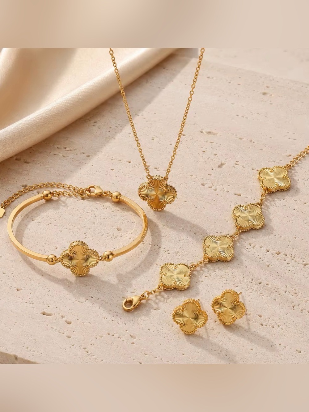 Gold Four-Leaf Clover Pendant Necklace and Bracelet SET OF 4 items - Picture 1 of 8